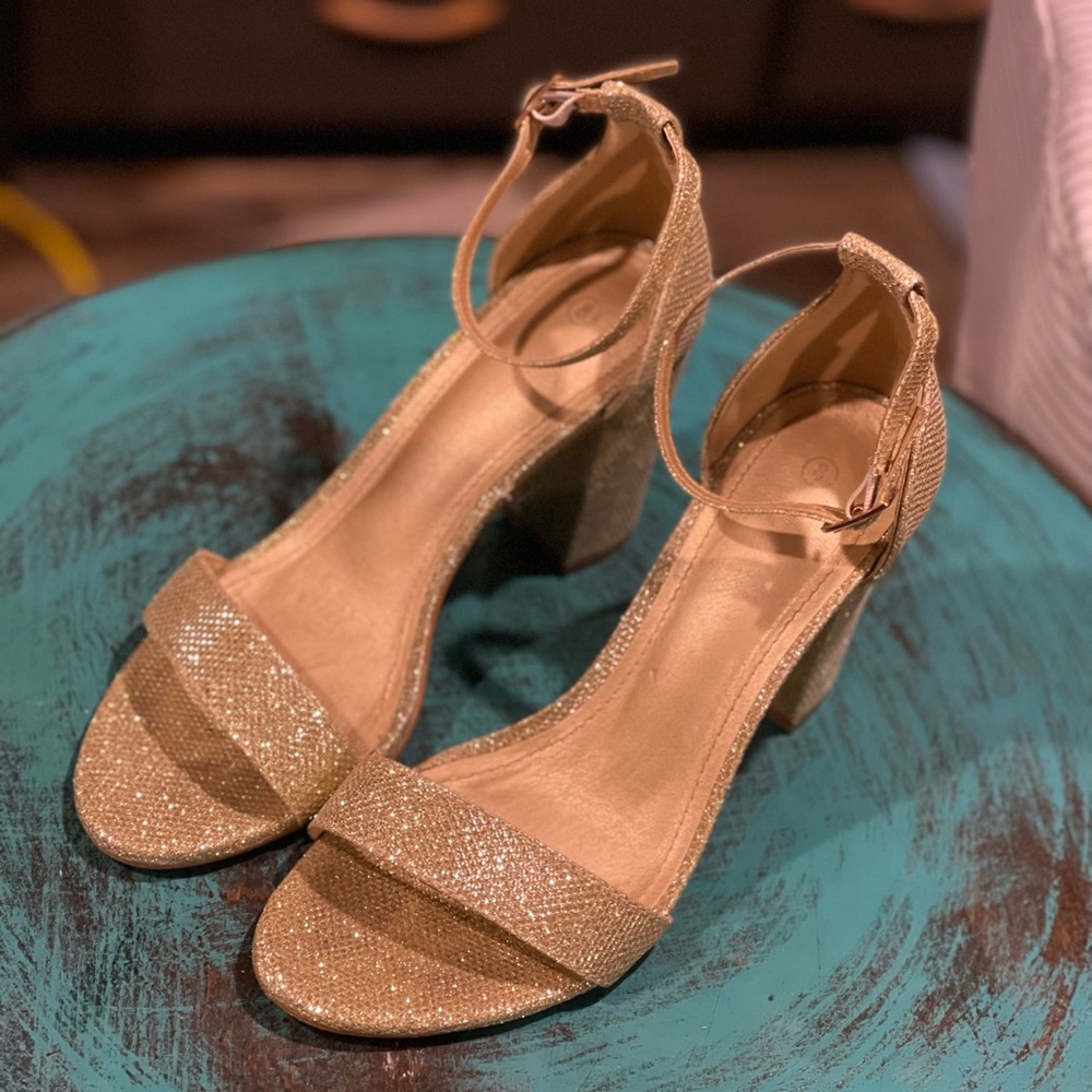 Gold sparkle strappy block heels